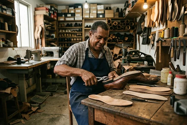 Sapateiro trocando palmilhas de sapatos na sua oficina de Santo Antônio de Jesus.
