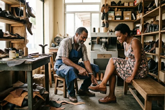 Sapateiro auxiliando cliente na escolha de sapatos.