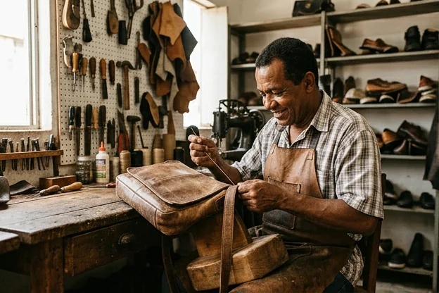 Sapateiro reformando uma bolsa de couro na oficina.