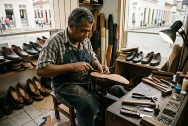 Sapateiro ajustando sapato social em oficina de Santo Antônio de Jesus.