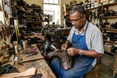 Sapateiro consertando o zíper de uma bota na oficina.