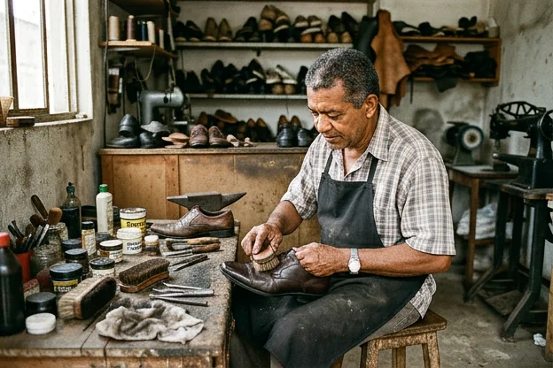 Sapateiro limpando sapatos na oficina de Santo Antônio de Jesus.